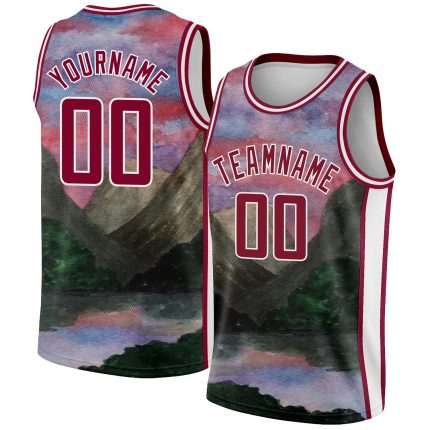 Custom Name Number Basketball Jersey Authentic 3D Pattern Watercolor Design White Maroon Natural Landscape Style Personalized