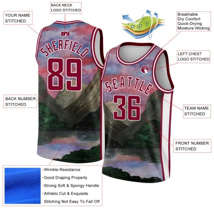 Custom Name Number Basketball Jersey Authentic 3D Pattern Watercolor Design White Maroon Natural Landscape Style Personalized