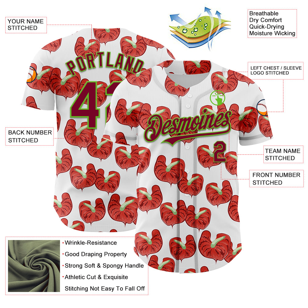 Personalized White Maroon-Aurora Green 3D Pattern Design Tropical Anthurium Flower Authentic Baseball Jersey Team Custom Name and Number Personalized Tropical Anthurium Baseball Jersey with Custom Name and Number - White Maroon-Aurora Green 3D Pattern Design - Image 3