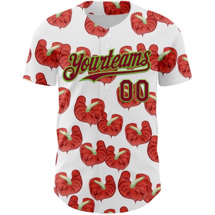 Personalized Tropical Anthurium Baseball Jersey with Custom Name and Number - White Maroon-Aurora Green 3D Pattern Design