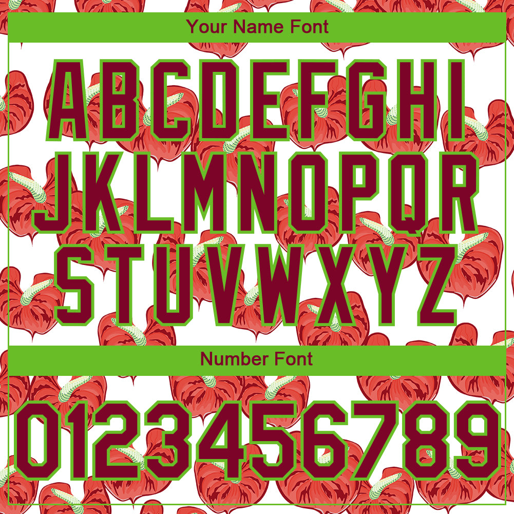 Personalized White Maroon-Aurora Green 3D Pattern Design Tropical Anthurium Flower Authentic Baseball Jersey Team Custom Name and Number Personalized Tropical Anthurium Baseball Jersey with Custom Name and Number - White Maroon-Aurora Green 3D Pattern Design - Image 5