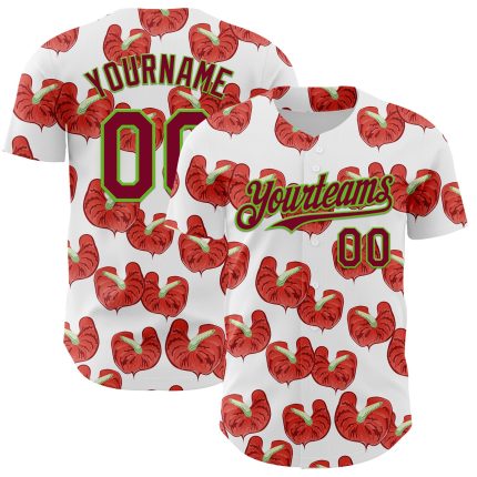 Personalized Tropical Anthurium Baseball Jersey with Custom Name and Number - White Maroon-Aurora Green 3D Pattern Design