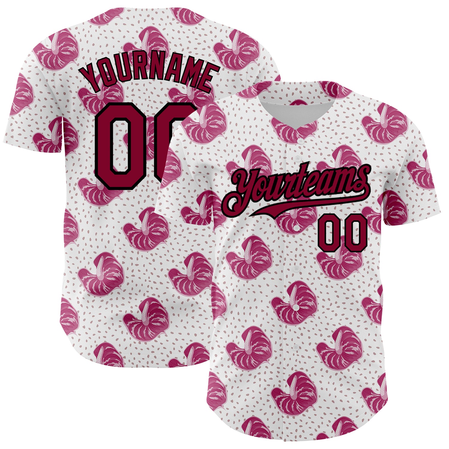 Custom Tropical Anthurium Flower Baseball Jersey with Name and Number, Personalized 3D Maroon-Black Design, Authentic Team Wear