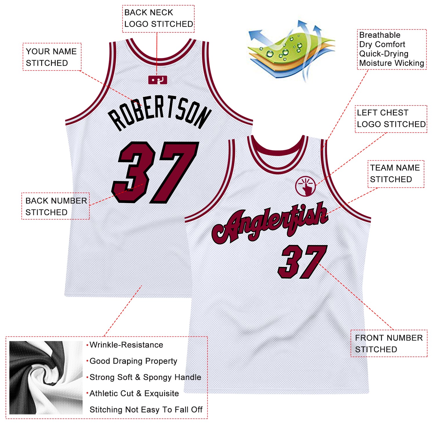 Personalized White Maroon-Black Authentic Throwback Basketball Jersey Team Custom Name and Number Custom Name and Number Personalized Basketball Jersey - Authentic White Maroon-Black Throwback Design Personalized White - Image 2