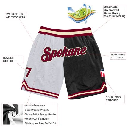 Custom Name Number Basketball Shorts Authentic Throwback Fashion Split White Maroon Black Personalized White Maroon-Black