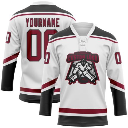 Custom Name and Number Personalized Hockey Jersey - White Maroon-Black Lace Neck Team Jersey Personalized White Maroon-Black