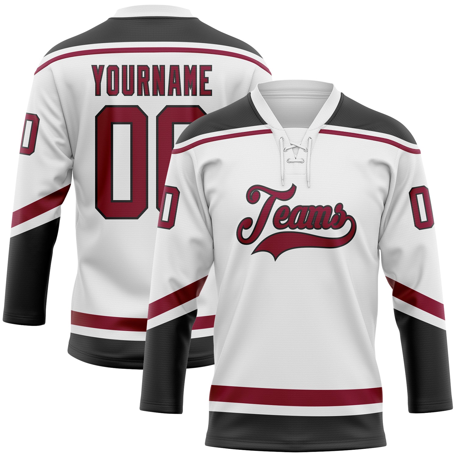 Custom Name and Number Personalized Hockey Jersey - White Maroon-Black Lace Neck Team Jersey Personalized White Maroon-Black