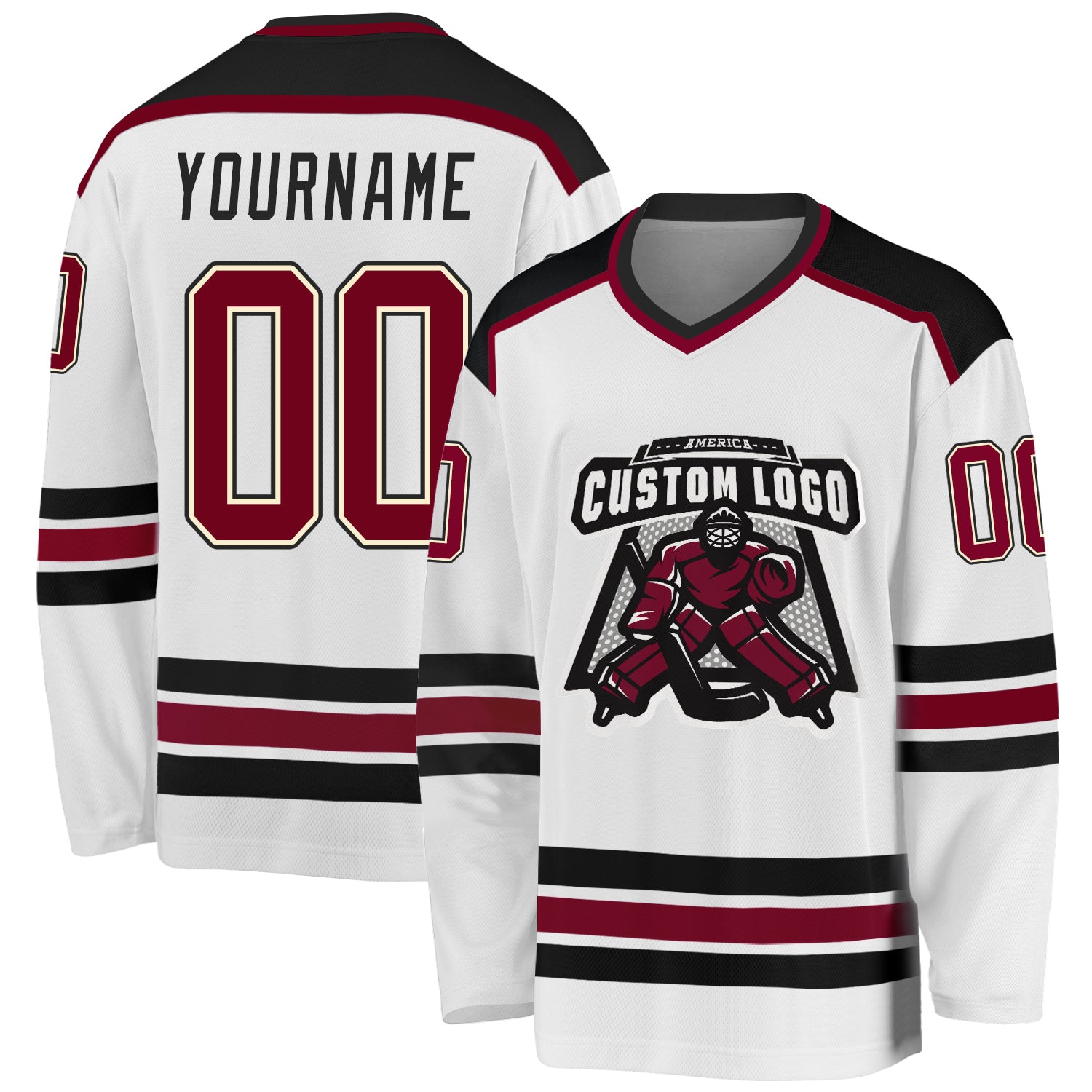 Custom Team Hockey Jersey Personalized with Name and Number - White Maroon Cream-Black Personalized White Maroon Cream-Black