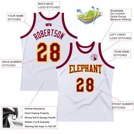 Custom Name Number Basketball Jersey - Authentic Throwback White Maroon Gold Design, Personalized Team Apparel Personalized