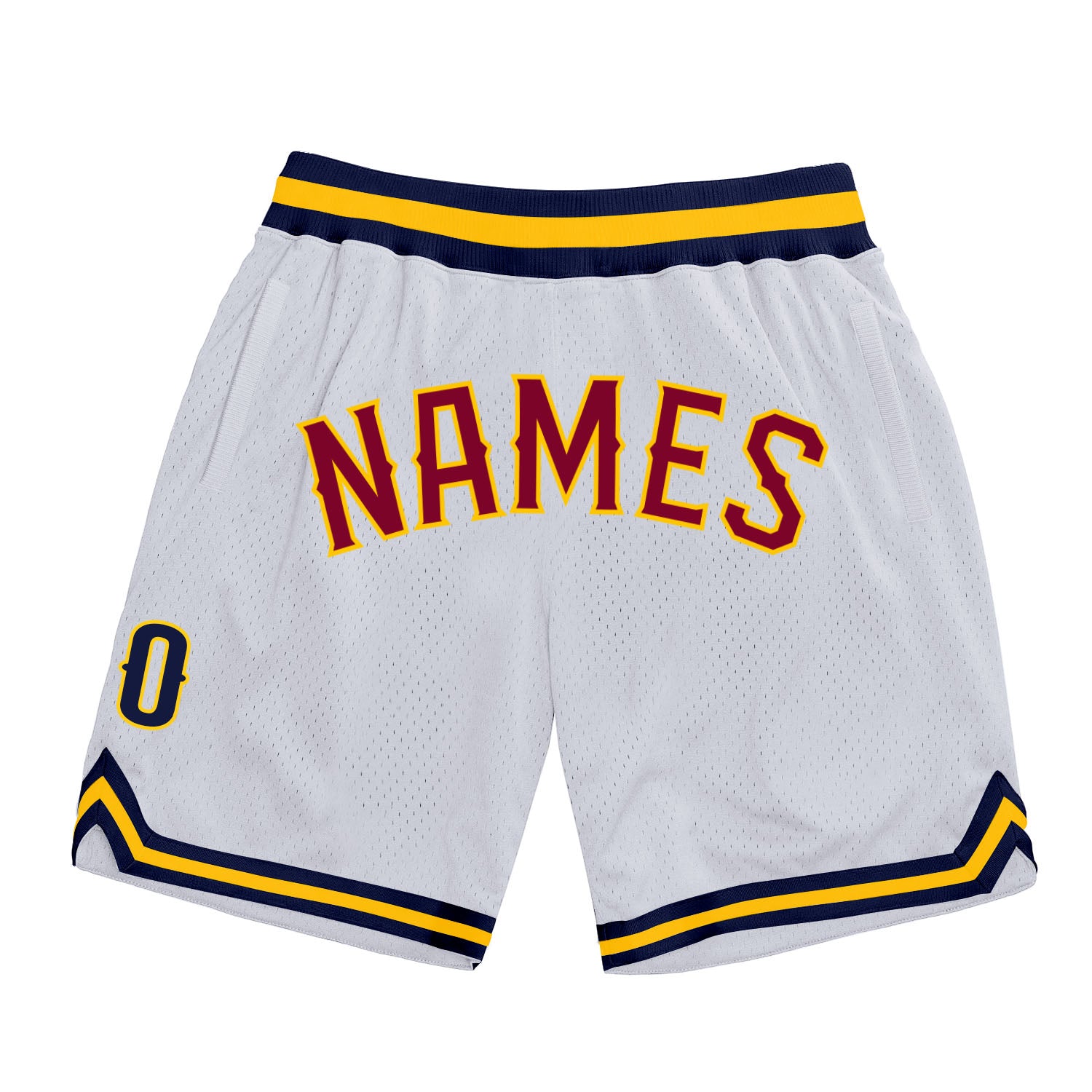 Custom Team Name Number Throwback Basketball Shorts - Personalized White Maroon Gold Authentic Design Personalized White