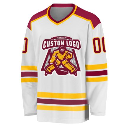 Personalized Maroon-Gold Hockey Jersey for Adults - Customizable White Team Apparel Personalized White Maroon-Gold Hockey