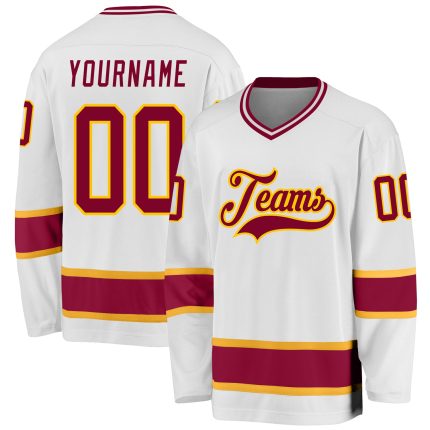 Custom Name Number Hockey Jersey - Personalized Maroon Gold Team Apparel Personalized White Maroon-Gold Hockey Jersey Team