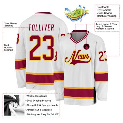 Custom Name Number Hockey Jersey - Personalized Maroon Gold Team Apparel Personalized White Maroon-Gold Hockey Jersey Team