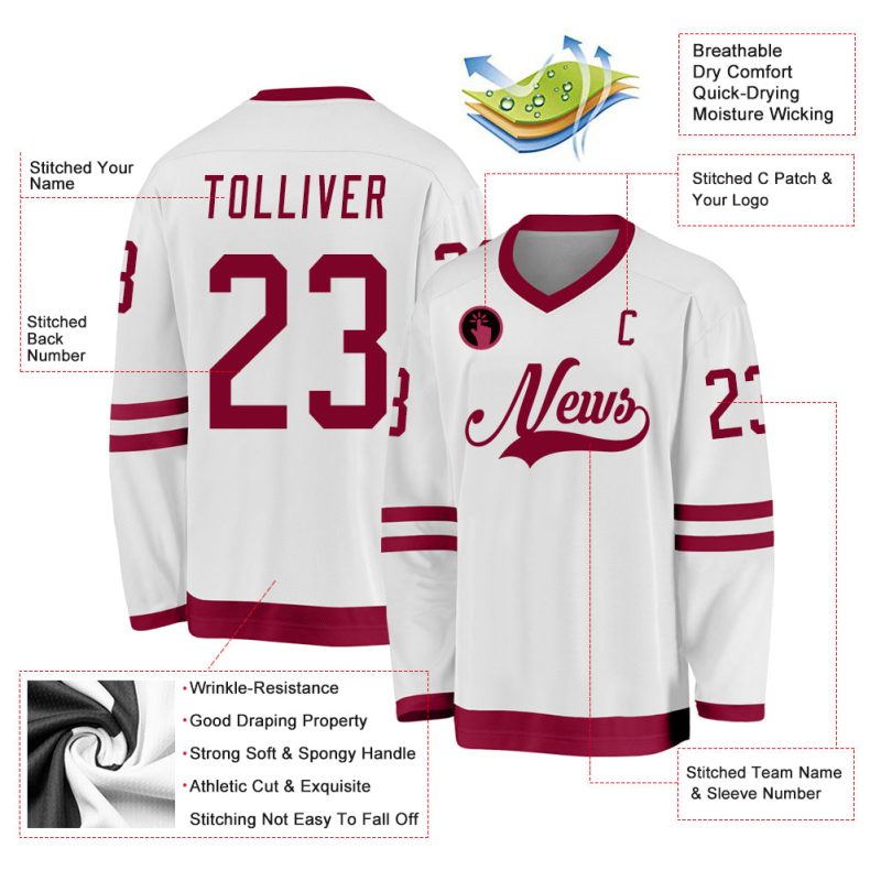 Custom Name and Number Hockey Jersey in White and Maroon - Personalized Team Jersey Personalized White Maroon Hockey Jersey