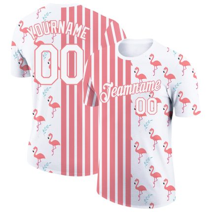 Custom Name Number Flamingo Performance T-Shirt, Personalized Medium White 3D Pattern Design Animal Tee Personalized White