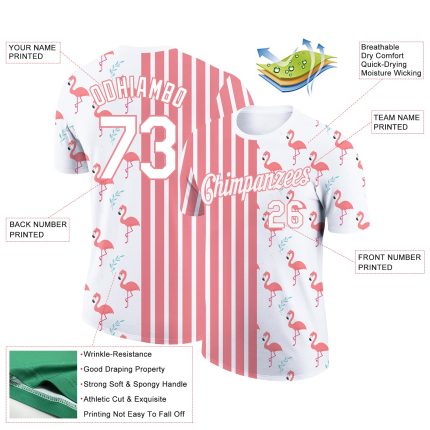 Custom Name Number Flamingo Performance T-Shirt, Personalized Medium White 3D Pattern Design Animal Tee Personalized White