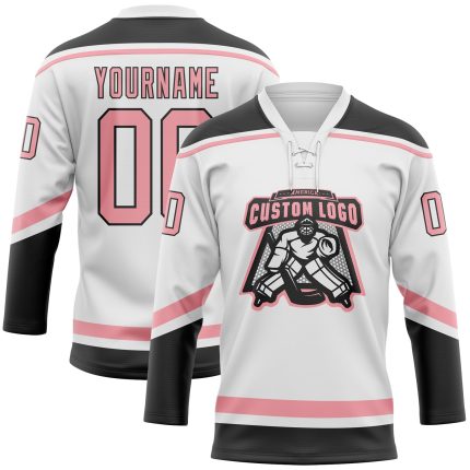 Custom Name and Number Hockey Jersey - Personalized Medium Pink-Black Lace Neck Design - Team Gear Personalized White Medium