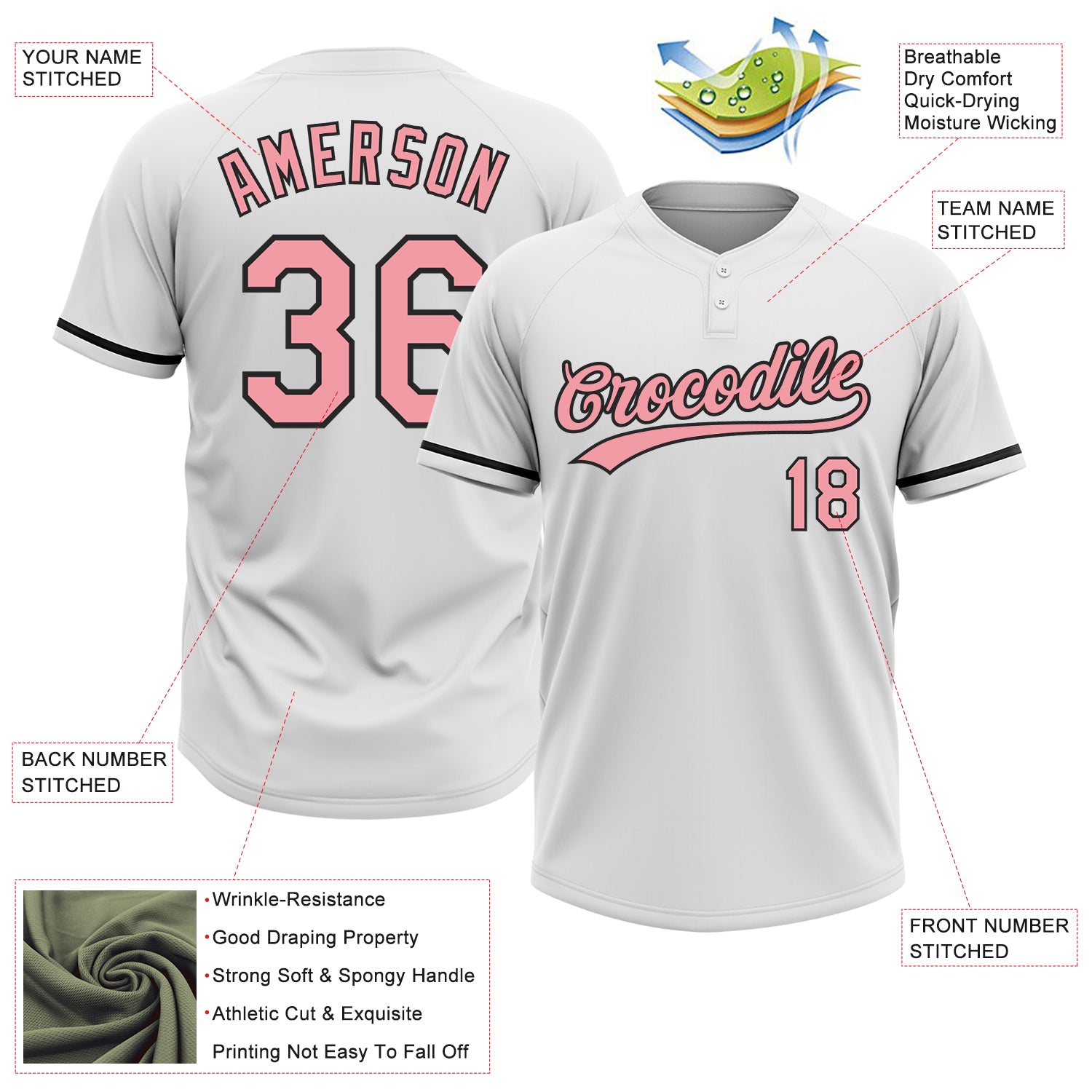 Personalized White Medium Pink-Black Two-Button Unisex Softball Jersey Team Custom Name and Number Custom Unisex Softball Jersey for Teams - Personalized Pink-Black Two-Button Design with Name & Number, Medium White Personalized - Image 3