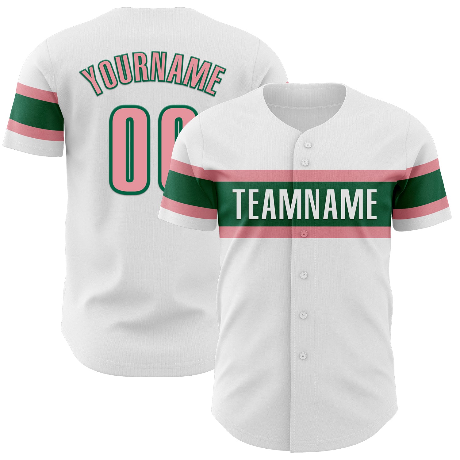 Personalized Authentic Baseball Jersey in White with Medium Pink and Kelly Green Personalized White Medium Pink-Kelly Green