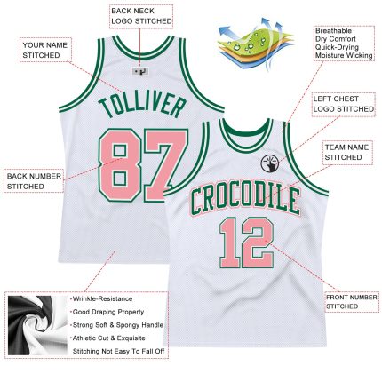 Custom Authentic Basketball Jersey with Personalized Name and Number - White Medium with Pink and Kelly Green Details Personalized