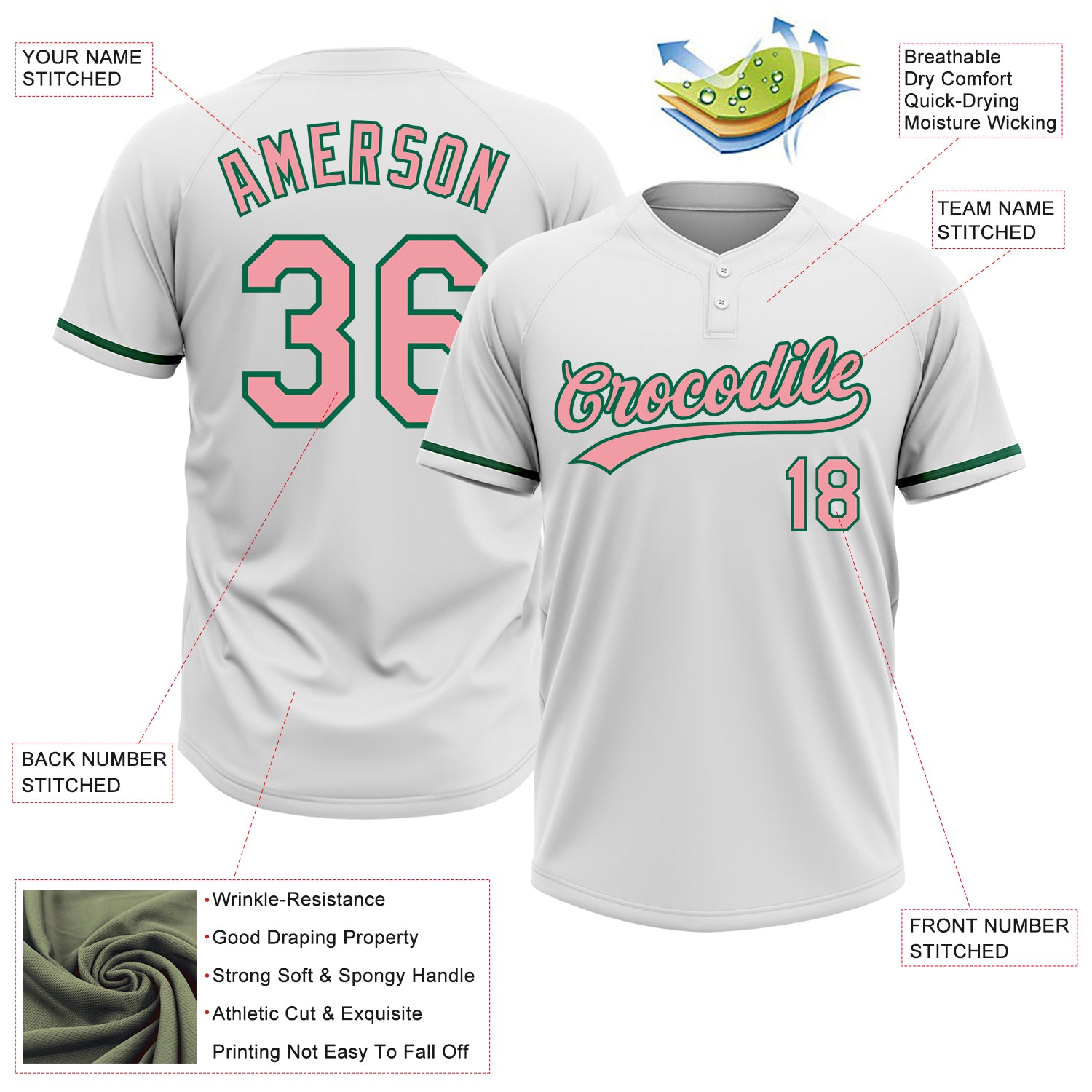 Personalized White Medium Pink-Kelly Green Two-Button Unisex Softball Jersey Team Custom Name and Number Custom Softball Jersey Unisex Two-Button Personalized with Name and Number - Medium White Pink-Kelly Green Personalized White - Image 3