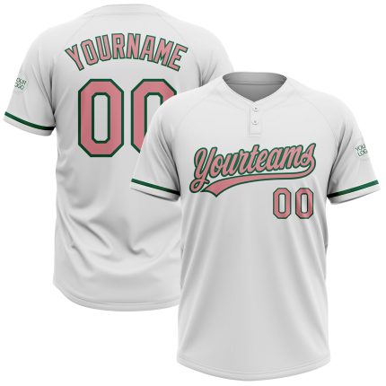 Custom Softball Jersey Unisex Two-Button Personalized with Name and Number - Medium White Pink-Kelly Green Personalized White