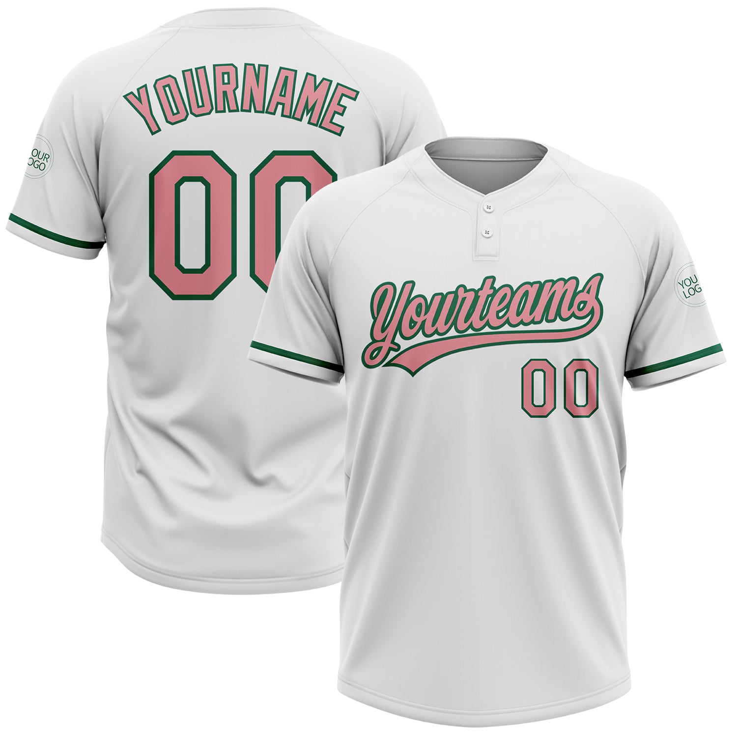 Custom Softball Jersey Unisex Two-Button Personalized with Name and Number - Medium White Pink-Kelly Green Personalized White