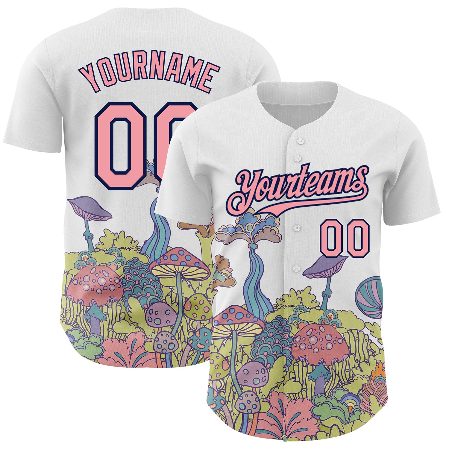 Custom Name and Number Personalized Psychedelic Baseball Jersey with 3D Colorful Flowers and Mushrooms Design in Pink-Navy