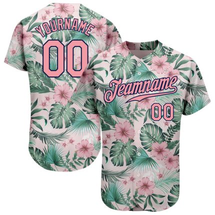 Custom Name and Number Baseball Jersey with 3D Palm Leaves and Flowers - Personalized Medium Pink-Navy Design Personalized