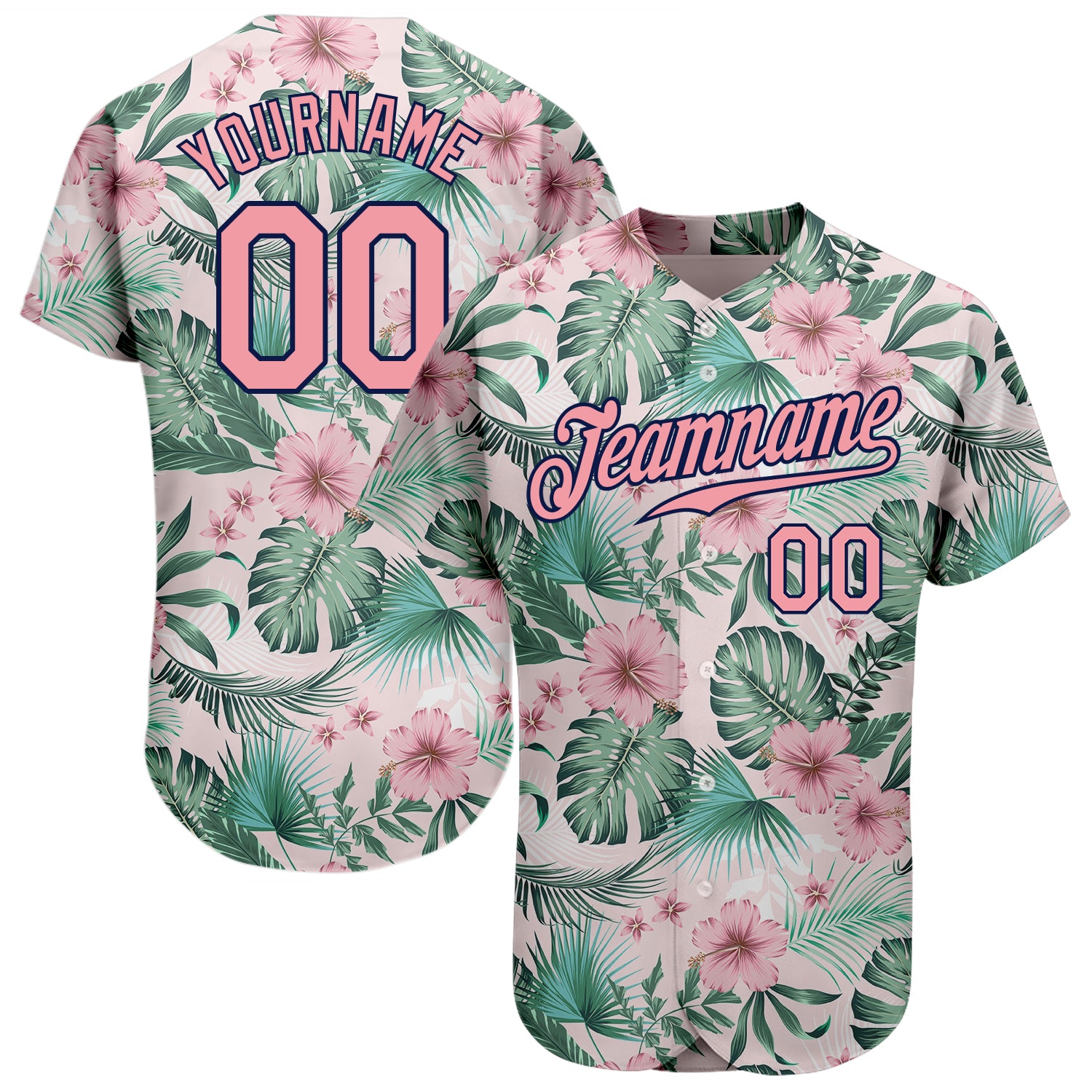 Custom Name and Number Baseball Jersey with 3D Palm Leaves and Flowers - Personalized Medium Pink-Navy Design Personalized