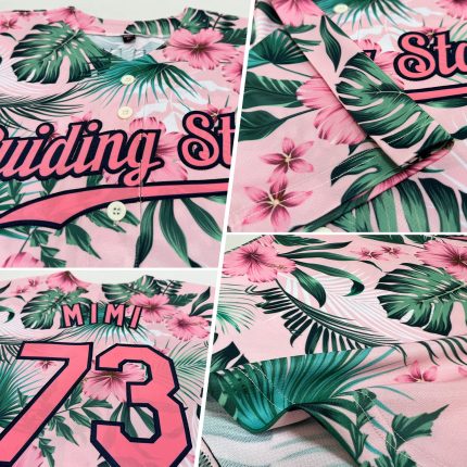 Custom Name and Number Baseball Jersey with 3D Palm Leaves and Flowers - Personalized Medium Pink-Navy Design Personalized