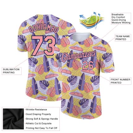 Custom Name and Number Hawaii Palm Leaves Performance T-Shirt - Personalized Medium Pink-Navy 3D Pattern Design Personalized