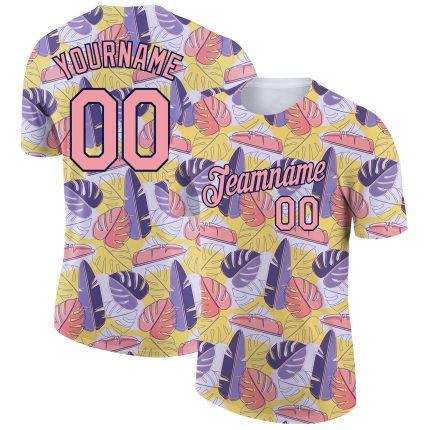 Custom Name and Number Hawaii Palm Leaves Performance T-Shirt - Personalized Medium Pink-Navy 3D Pattern Design Personalized