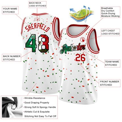 Custom Personalized Mexican Flag Basketball Jersey 3D Authentic - Team Name and Number in White, Red, Kelly Green, Black