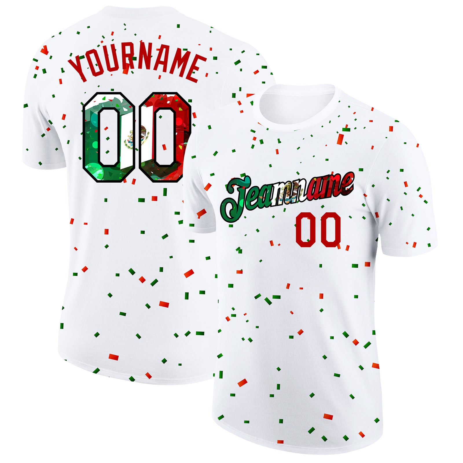 Personalized 3D Performance T-Shirt - Custom Mexican Flag with Name & Number in Red, Kelly Green, and Black Personalized