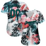 Custom Name and Number Baseball Jersey with 3D Palm Trees Design in Midnight Green-Black - Personalized Hawaii Style Jersey