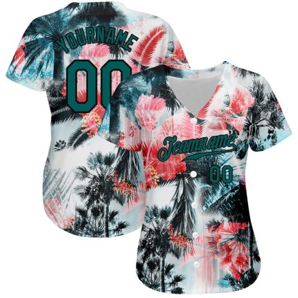 Custom Name and Number Baseball Jersey with 3D Palm Trees Design in Midnight Green-Black - Personalized Hawaii Style Jersey