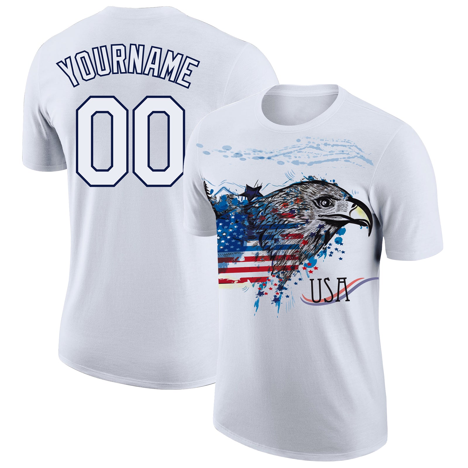 Patriotic 3D American Flag Eagle Performance T-Shirt with Custom Name & Number - Personalized White Navy Design Personalized