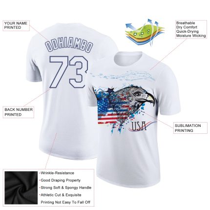 Patriotic 3D American Flag Eagle Performance T-Shirt with Custom Name & Number - Personalized White Navy Design Personalized