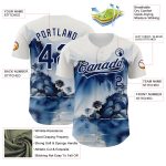 Custom Name and Number Baseball Jersey Abstract Watercolor Mountains 3D Pattern Design in White and Navy Personalized White