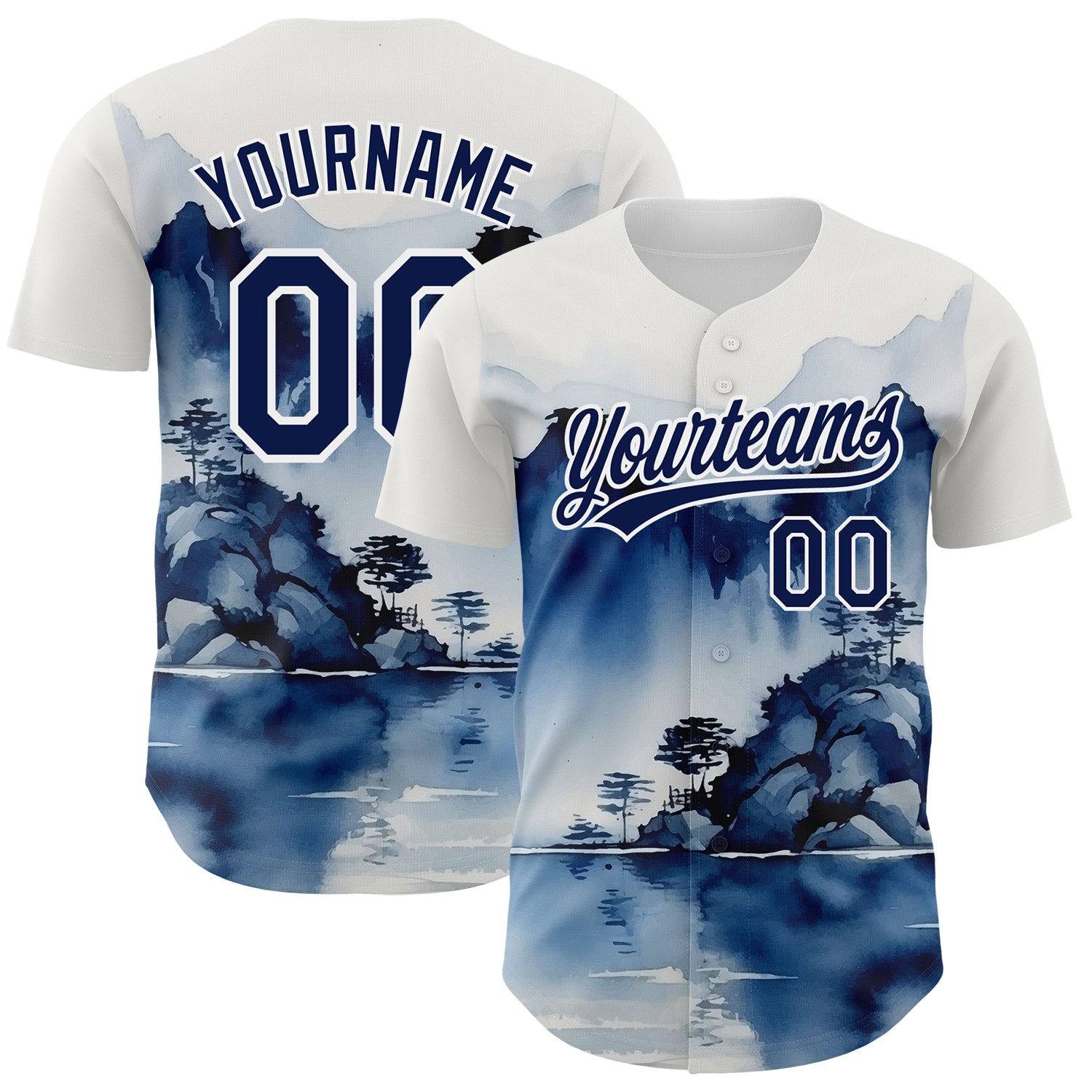 Custom Name and Number Baseball Jersey Abstract Watercolor Mountains 3D Pattern Design in White and Navy Personalized White