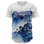 Custom Name and Number Baseball Jersey Abstract Watercolor Mountains 3D Pattern Design in White and Navy Personalized White