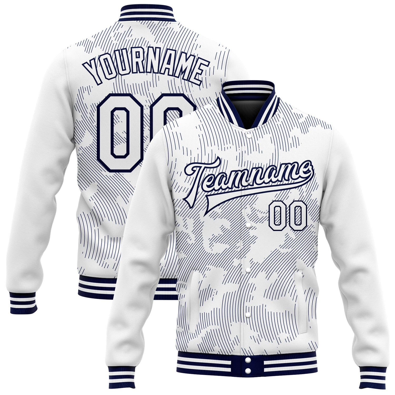 Custom Name Number Personalized 3D Pattern Navy White Varsity Letterman Bomber Jacket Full-Snap Team Apparel Personalized