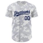 Custom Name Number Authentic Baseball Jersey with 3D Pattern Design in White Navy Curve Lines Personalized White Navy 3D