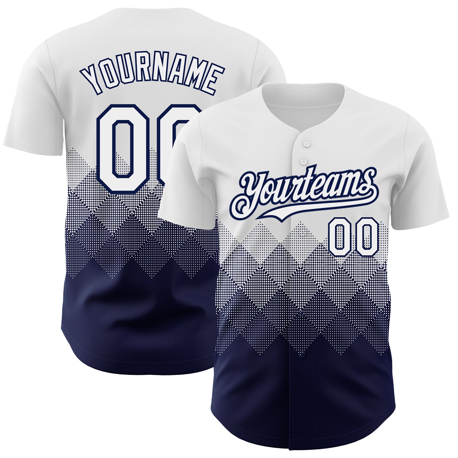 Custom Personalized Baseball Jersey with 3D White Navy Gradient Design, Team Name & Number, Square Shapes Authentic Style