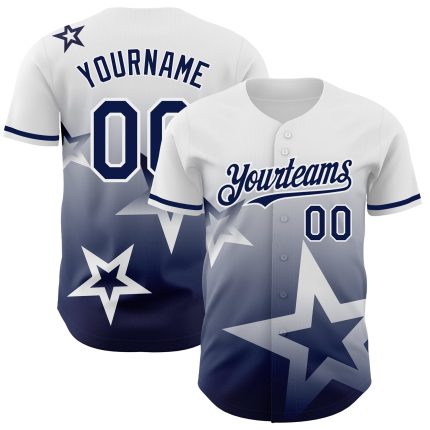 Personalized Twinkle Star 3D Pattern Gradient Baseball Jersey - Custom Name & Number, White Navy Design Personalized White