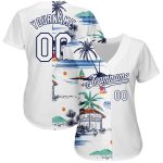 Personalized Hawaii Palm Trees Sailboat Baseball Jersey 3D Pattern Design White Navy Personalized White Navy 3D Pattern Design