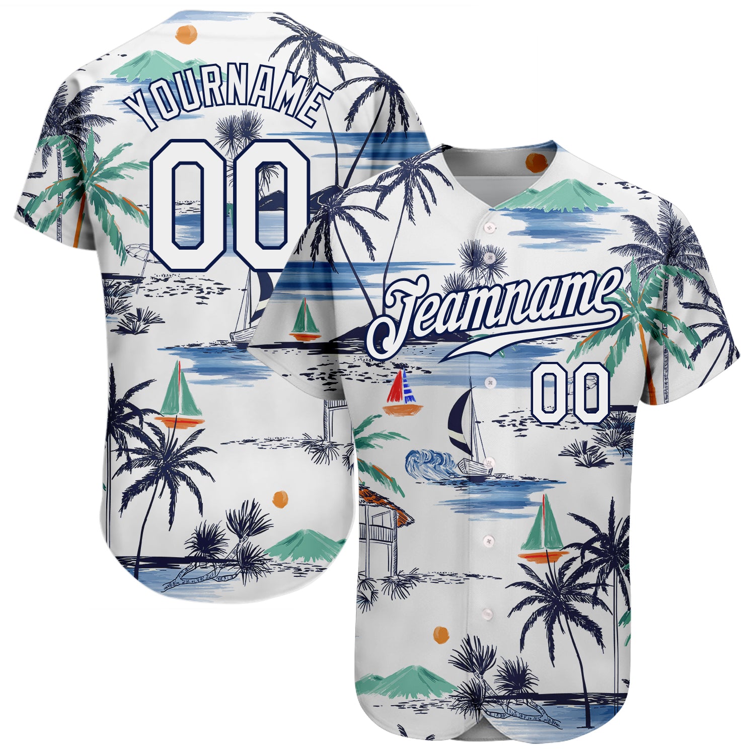 Hawaii Palm Trees Sailboat 3D Pattern Baseball Jersey Custom Name Number Personalized Team Personalized White Navy 3D Pattern
