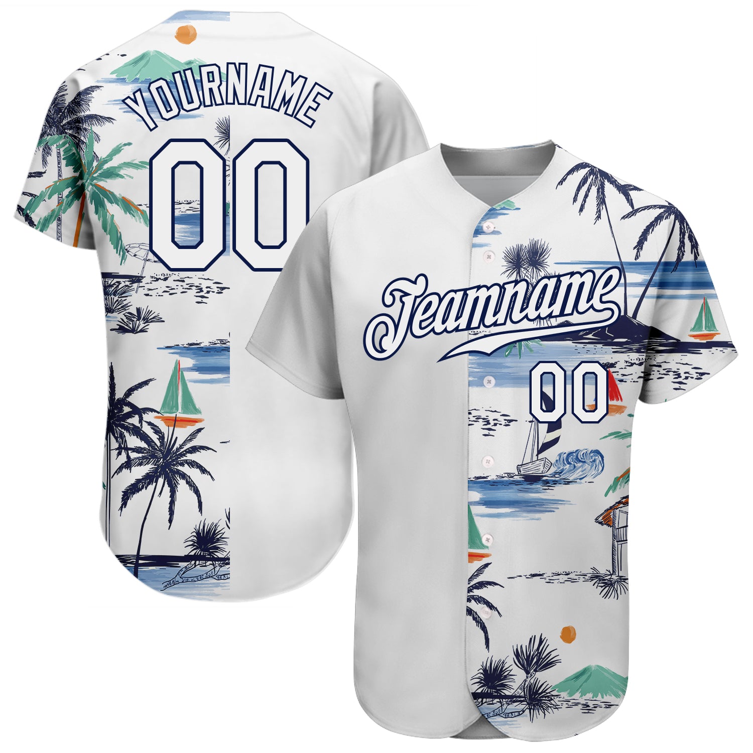 Personalized Hawaii Palm Trees Sailboat Baseball Jersey 3D Pattern Design White Navy Personalized White Navy 3D Pattern Design