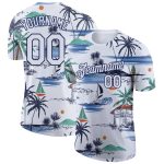 Custom Hawaii Palm Trees Sailboat Performance T-Shirt with Personalized Name and Number - White Navy 3D Pattern Design Personalized